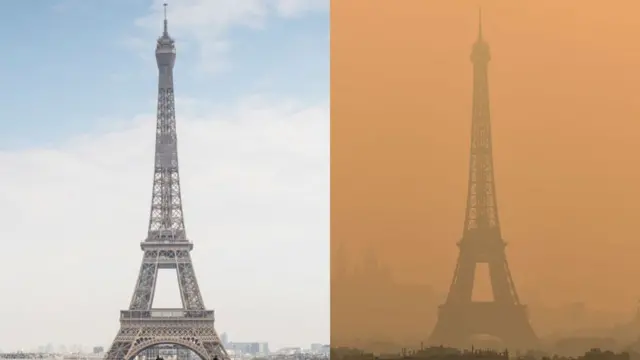 Paris Eiffel tower under lockdown vs with air pollution