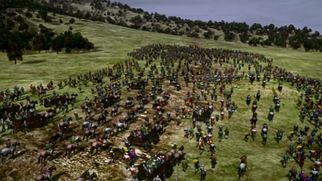 Английская армия на марше. Компьютерная графика из фильма Би-би-си "Битва за Уэльс" в серии "Британия, поля сражений"