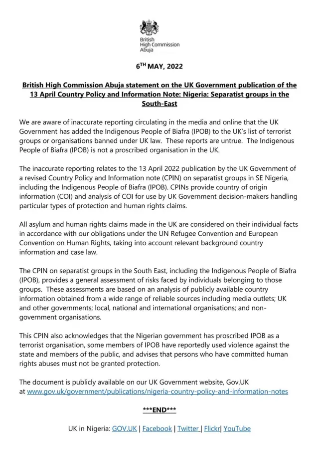 IPOB UK Asylum: UK goment no see Ipob as terrorist group - British High Commission