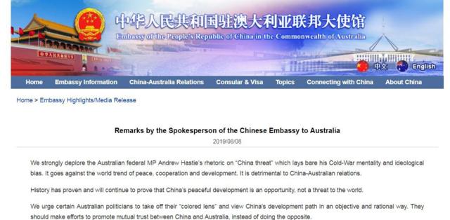 中国大使馆声明网络截图