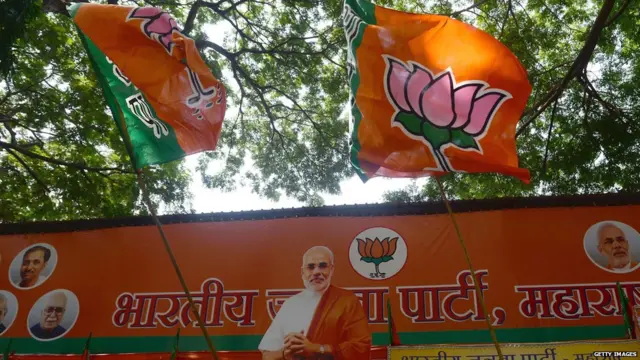 Bharatiya Janata party (BJP) workers wave flags as they celebrate outside the party office in Mumbai on May 16, 2014.