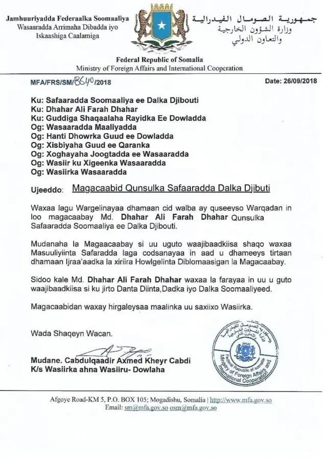 Dabayaaqadii bishii hore ayaa Dhahar loo magacaabay xil diblomaasiyadeed