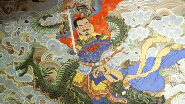 الإمبراطور "تشو" قاتل التنين كما يبدو في جداريةٍ بداخل أحد معابد مقاطعة جيانغسو