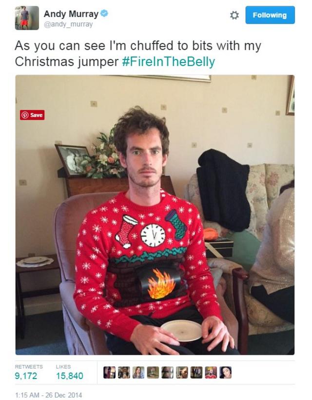 "Como puedes ver estoy súper encantado con mi nuevo suéter de navidad", posteó Andy Murray junto a esta imagen.