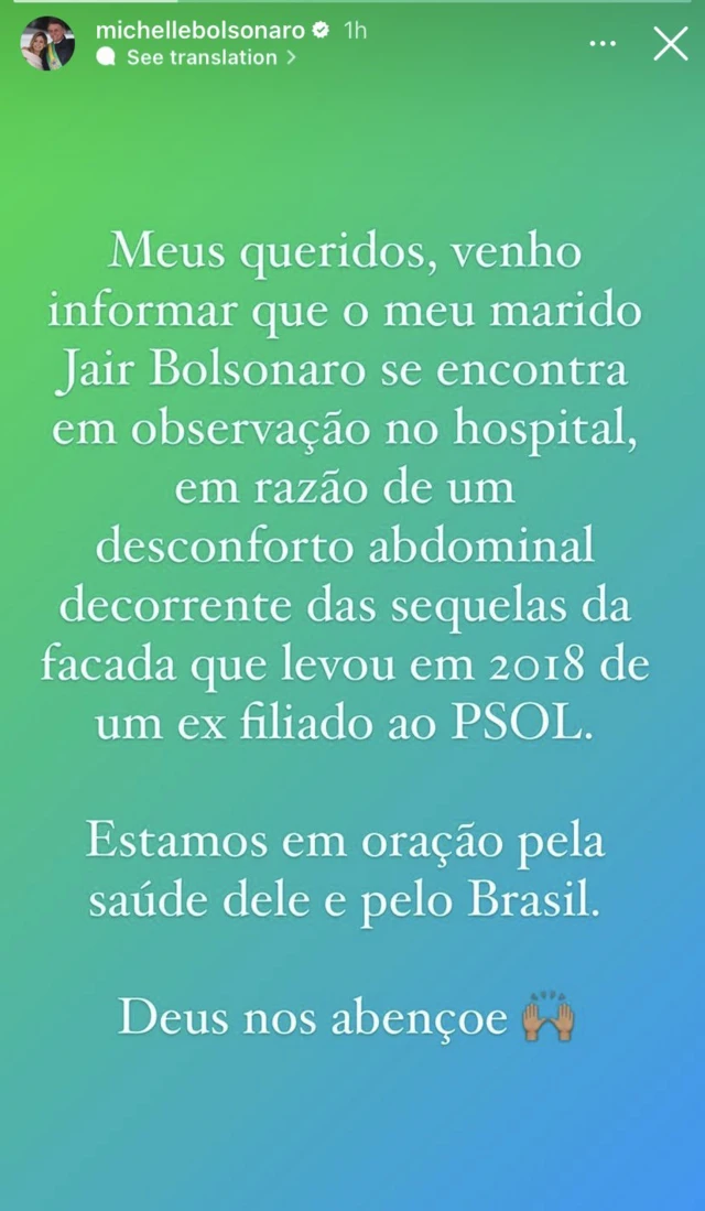 Postagemnovibet withdrawal timesMichelle Bolsonaro no Instagram confirmando a hospitalização do ex-presidente