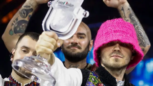 Kalush Orchestra from Ukraine pose after winning the 2022 Eurovision Song Contest in Turin