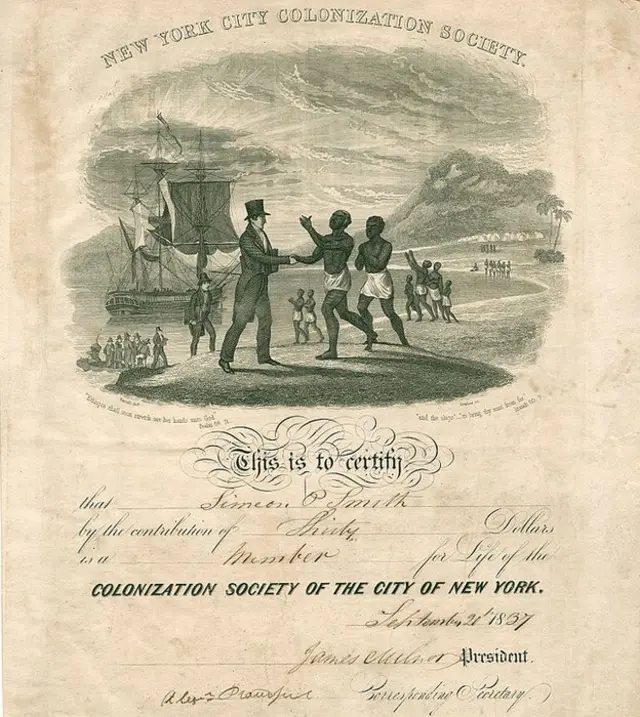 Certificado de la Sociedad Neoyorkina de Colonización