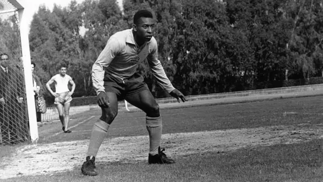 Pele as a goalie in a Brazilian team training session in 1966