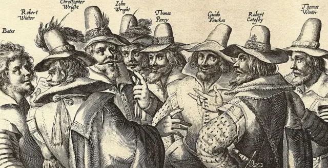 Los conspiradores, entre ellos, el líder Catesby, Wright el espadachín, Percy el infiltrado, Wintour el diplomático y Fawkes, el fabricante de bombas.