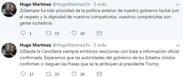Tuits del canciller de El Salvador Hugo Martínez. (Twitter).