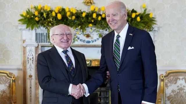 U.S. President Joe Biden shakes hands with Irish President Michael Higgins, in Dublin, Ireland