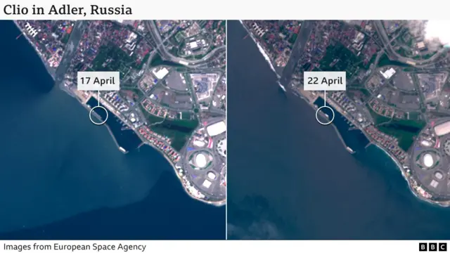 Satellite images of the port of Adler showing when Clio wasn't there and that it had arrived by 22 April