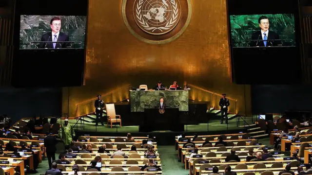 문재인 대통령이 지난 21일 유엔 총회에서 연설하는 모습