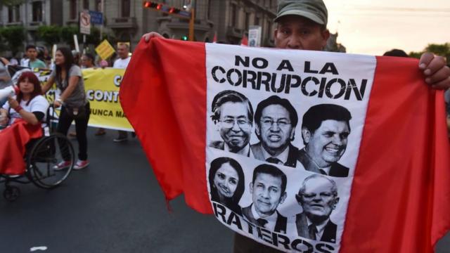 Un manifestante en Perú sostiene una bandera del país con la foto de varios expresidentes peruanos implicados en corrupción
