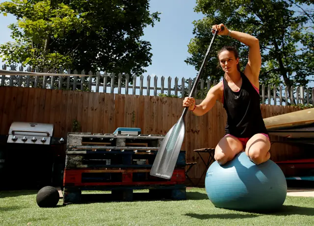 British canoeist Mallory Franklin trains in her garden in Cheshunt, UK.