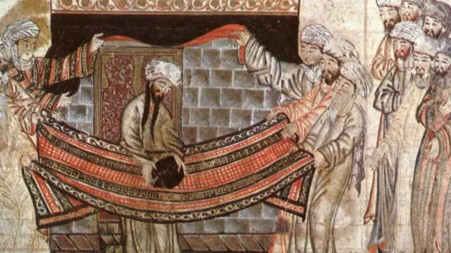 蒙古历史文献《史集》中的插图描绘了麦加长老将黑石放入克尔白（天房）的场景