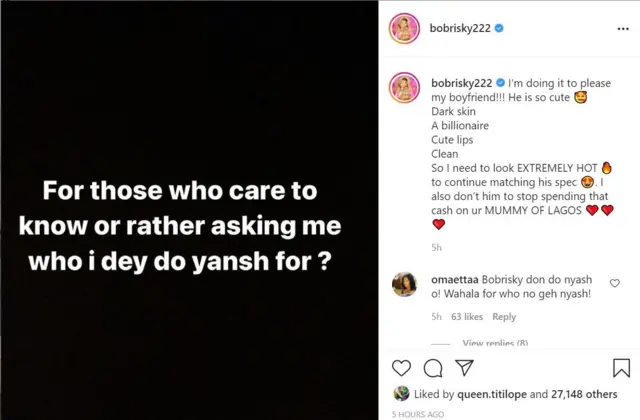 Ọrọ ti Bobrisky sọ soju opo Instagram rẹ