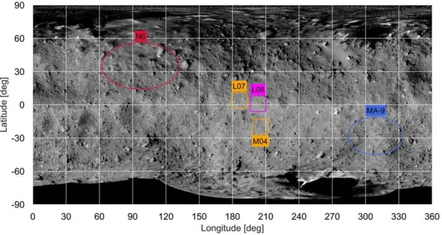 はやぶさ2の着陸候補地点を示した図。マスコットはMA-9地点に、ミネルバIIはN6地点に着陸予定で、L07、L08、M04ははやぶさ2の着陸予定位置（L07、M04は予備候補）