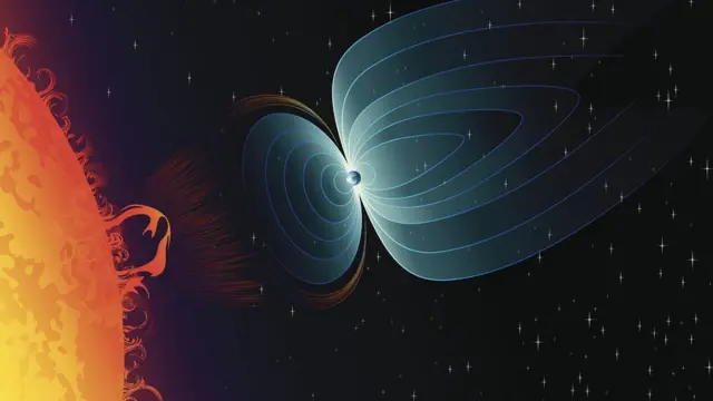 Ilustración mostrando el campo magnético y el viento solar