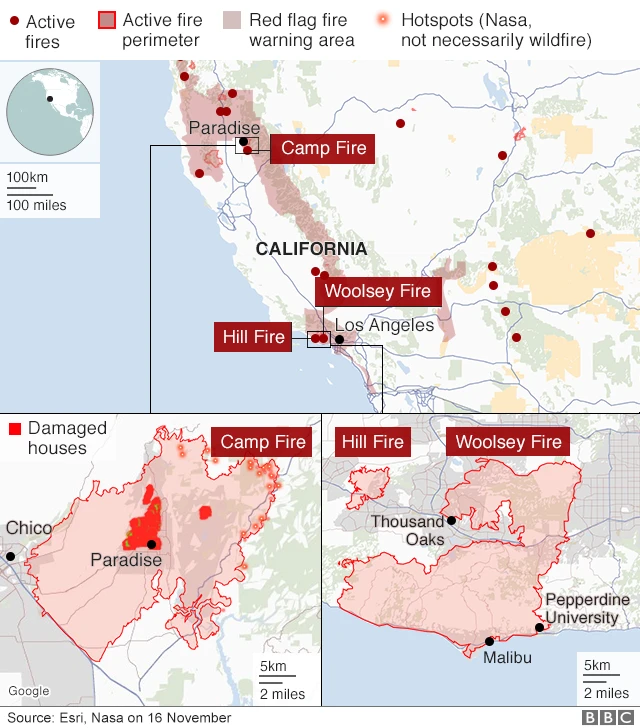 カリフォルニアの山火事による被害状況。赤丸が現在も火が燃えている場所、赤線で囲われた部分は炎が燃え広がっている範囲。薄い赤で塗られた部分は火災警報が出ている範囲。下図の濃い赤で塗られた場所は損傷を受けた家屋がある地域。出典：ESRI、米航空宇宙局（NASA）＝11月16日現在