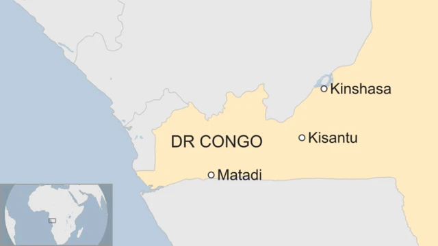 Map showing the locations of Kisantu, Kinshasa, Matadi in the west of the DR Congo