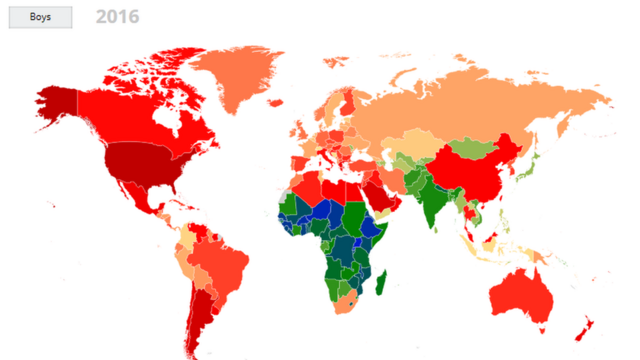 男子の肥満率を国ごとに色分けした。肥満率が最も高い国は赤で表示され、オレンジ色、黄色と続く。緑色と青の国では、肥満の人は未成年人口の5％以下（2016年時点）