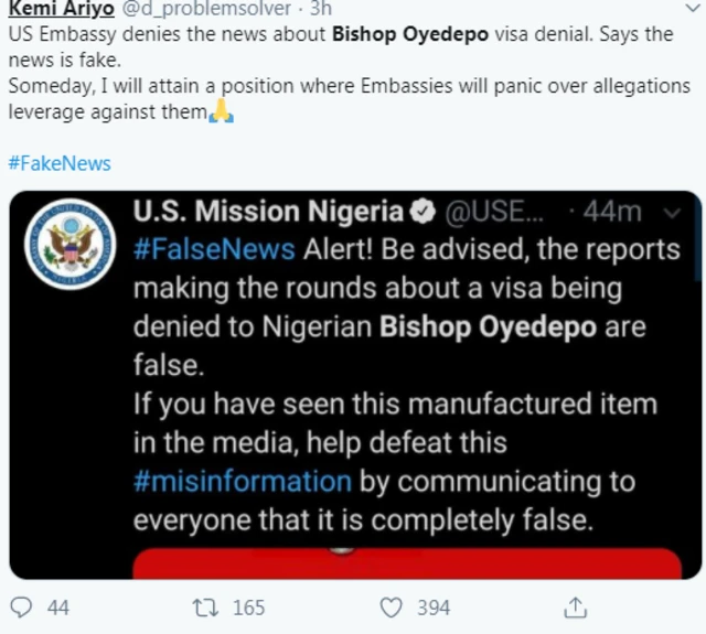Twitter post on top say US Embassy deny Bishop Oyedepo Visa