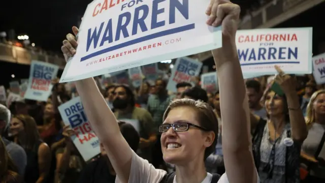 Seguidora de Warren con una pancarta.