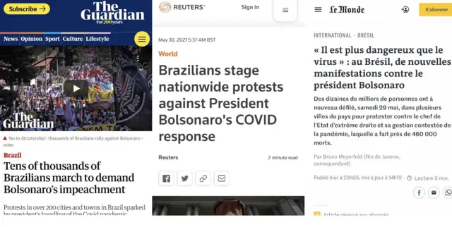 Imagensfbetreportagens no The Guardian, na Reuters e no Le Monde