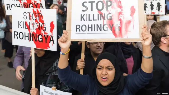 group of protestors staged an emergency demo on Whitehall near Downing Street to protest against ethnic cleansing of the Rohingya people in Myanmar on September 6, 2017 in London, England.