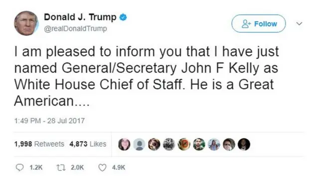 آقای ترامپ با انتشار توییتی از انتصاب رئیس دفتر جدیدش خبر داد