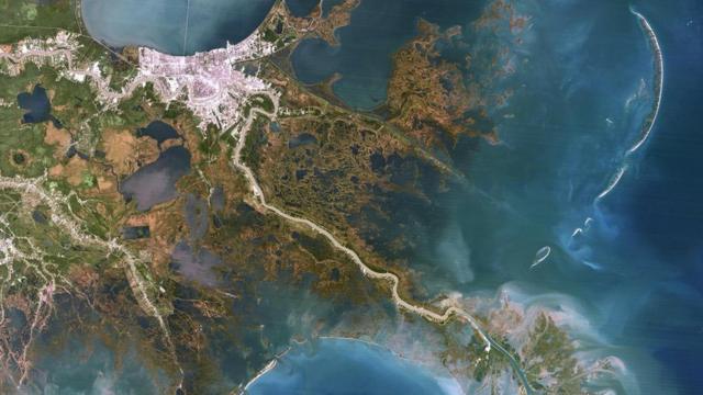 在这张密西西比三角洲的图片中，新奥尔良在左上方，比洛克西沼泽在右上方，河流从左上方流向右下方