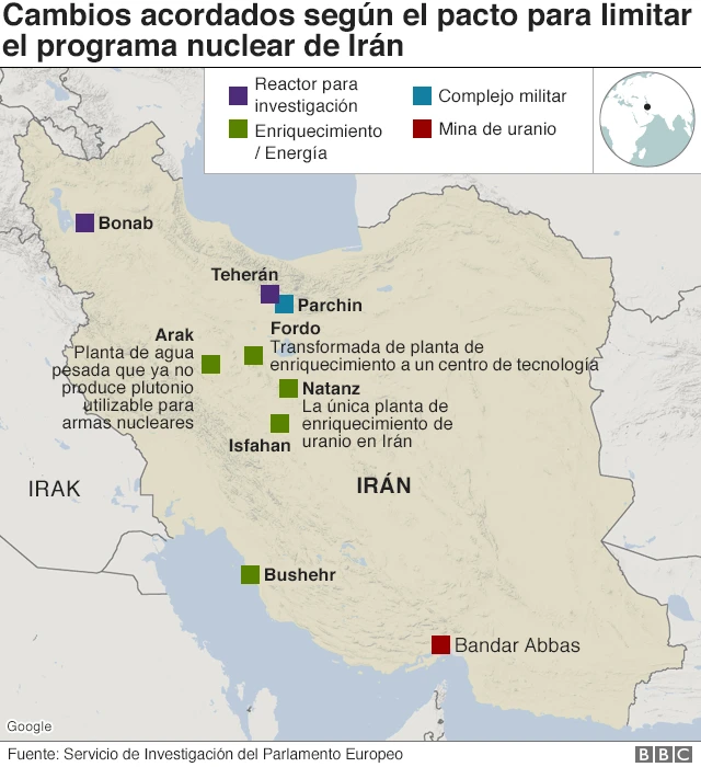Mapa de instalaciones nucleares de Irán