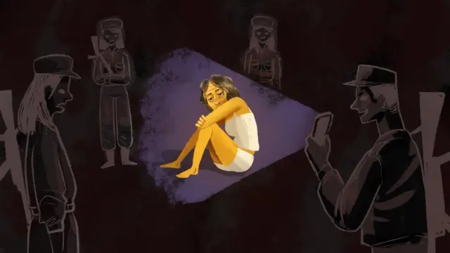 رسمة لامرأة في السجن وحولها محققون