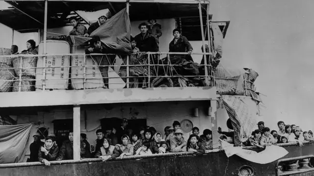 2nd January 1979: Vietnamese refugees on board a freighter in Hong Kong waters after the Hong Kong government refused them permission to land