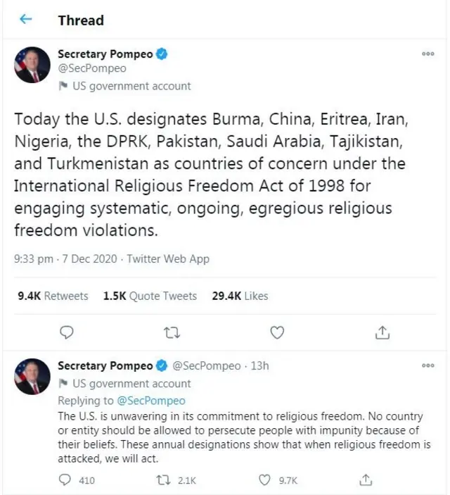 Pompeo ebe o depụtara aha mba ọzọ so n'akwụkwọ ojii US maka okpukperechi