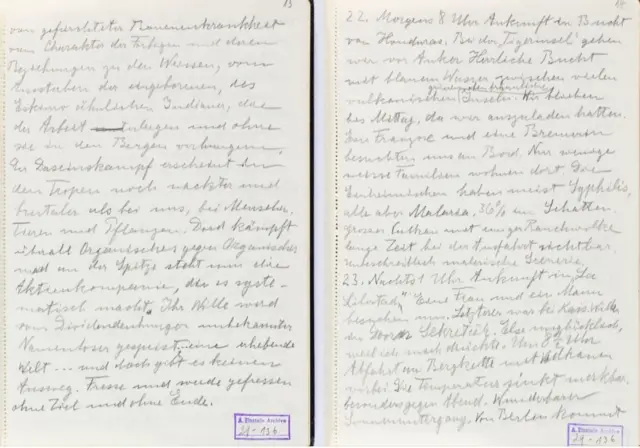 La página del diario de viaje de Einstein donde menciona su parada en Amapala. Foto: Albert Einstein Archives, The Hebrew University of Jerusalem.