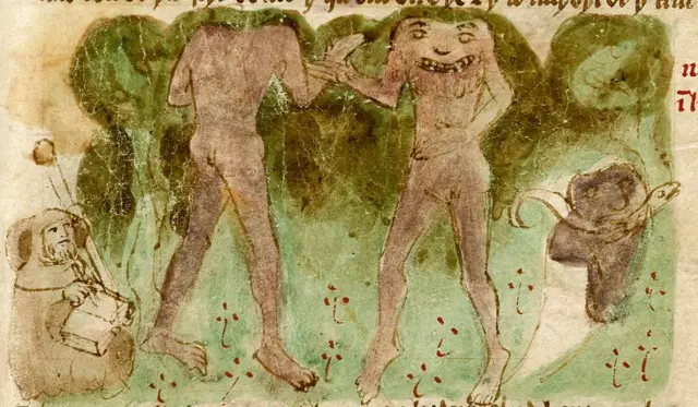 Gente sin cabeza pero con sus caras en el pecho, una de las muchas criaturas que Mandeville -observando a la izquierda- dijo haber visto.