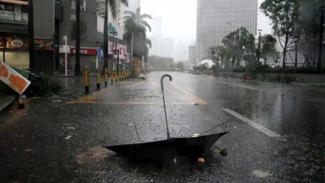 An upturned umbrella amid a typhoon in Guangdong province, China