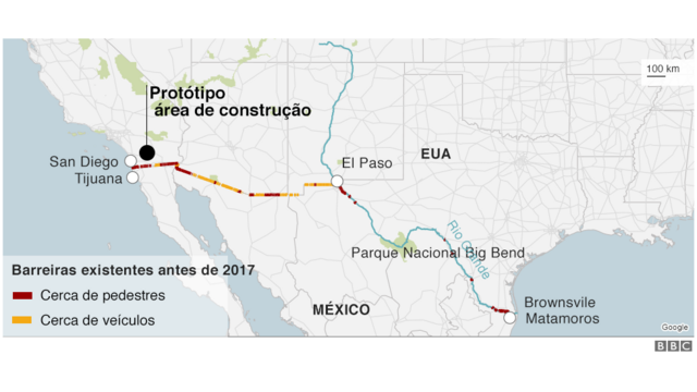 Mapa mostrando as barreiras atuais na fronteira EUA-México
