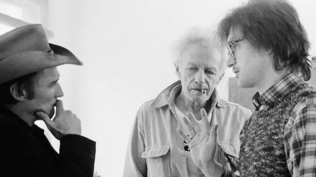 Деннис Хоппер, Николас Рей и Вим Вендерс на съемках фильма "Американский друг"