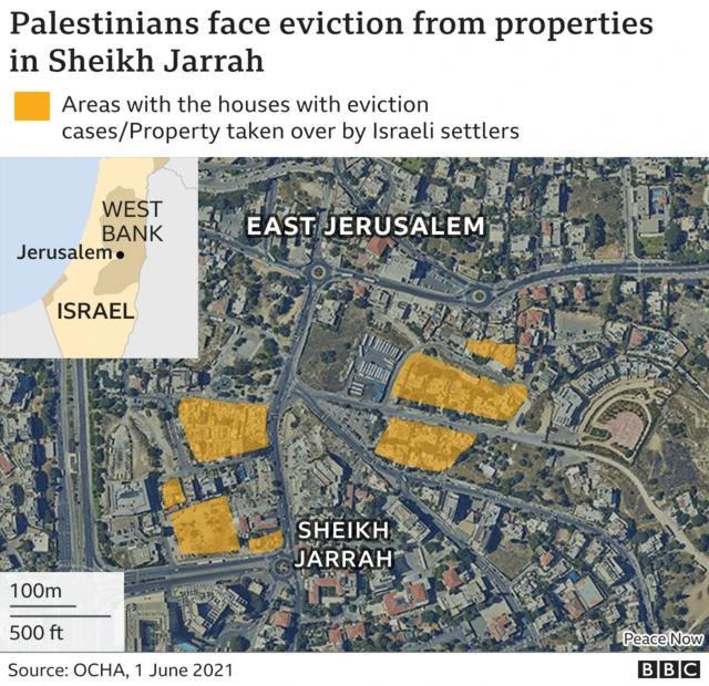 Satellite map of Sheikh Jarrah in East Jerusalem indicates properties at risk of eviction.