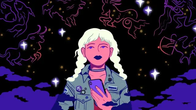 Dibujo de una joven consultando información astrológica