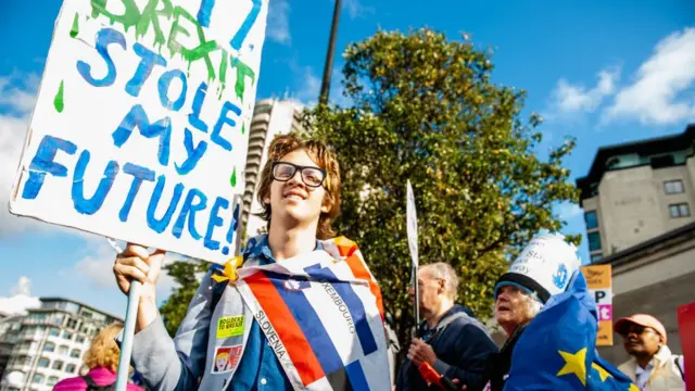 Yeni referandum isteyen genç bir göstericinin taşıdığı pankartta "Brexit geleceğimi çaldı" yazıyor