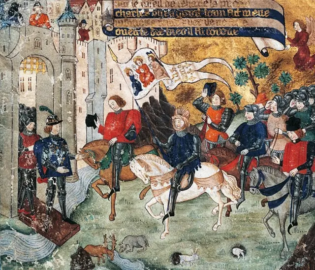 Joan of Arc entering the castle of Loches to announce the liberation of Orleans to Charles VII, French miniatures. France, 15th century.
