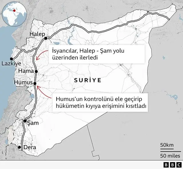 Suriye'de muhalefetin Şam'a nasıl ilerlediğini gösteren bir harita