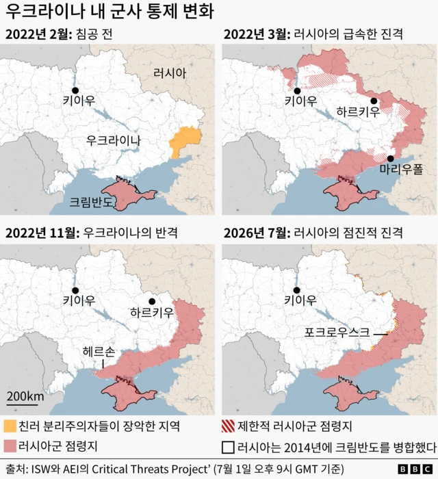 2022년 2월~2026년 7월 우크라이나 내 통제권 변화를 보여주는 지도
