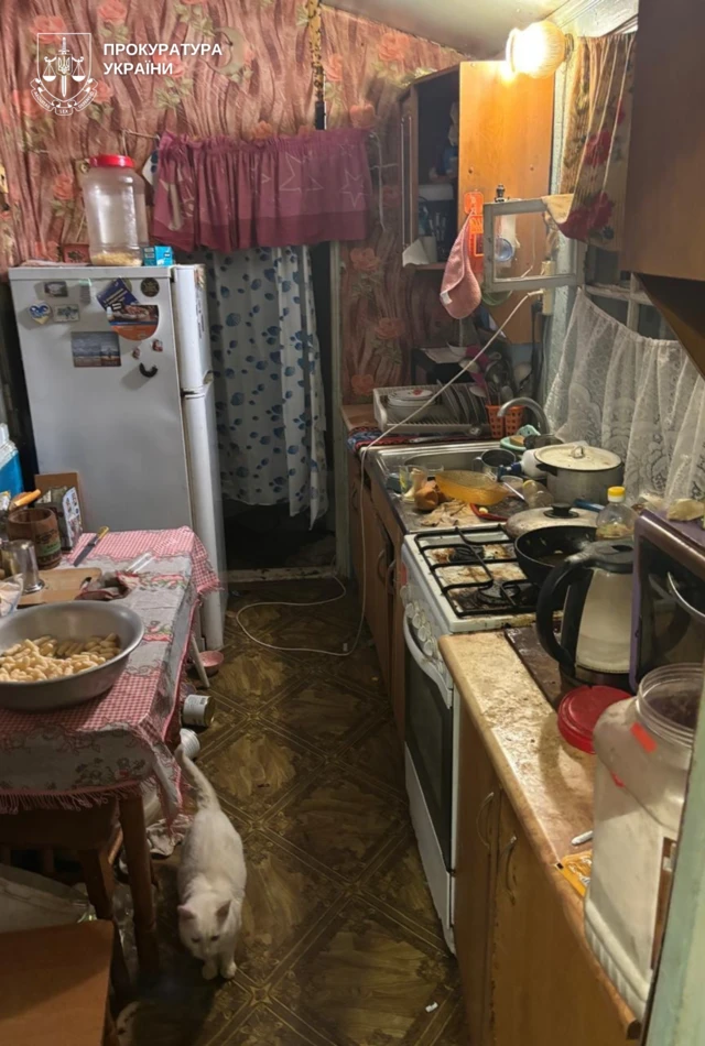 Занедбана кухня, на столі залишки їжі, на підлозі білий кіт