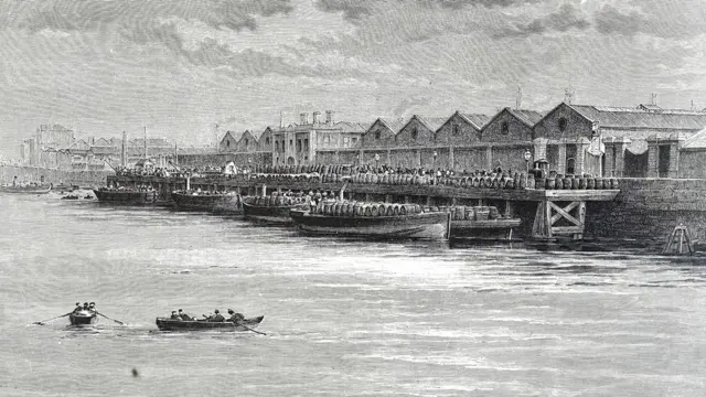 Gravura do século 19, mostrando a cervejaria Guinness em Dublin, na Irlanda