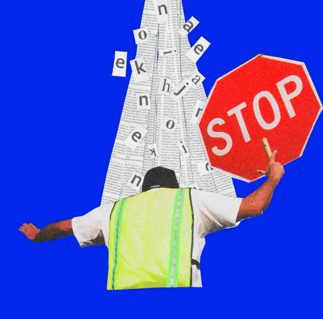 형광색 작업복을 입은 교통 관리자가 ‘정지(stop)’ 표지판을 들고 쏟아지는 글을 막고 있다.